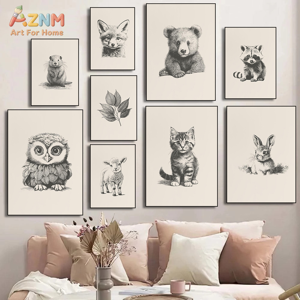 Baby Nursery Vintage Decor - AZNM Vintage Eskiz Bebek Hayvan Kanvas