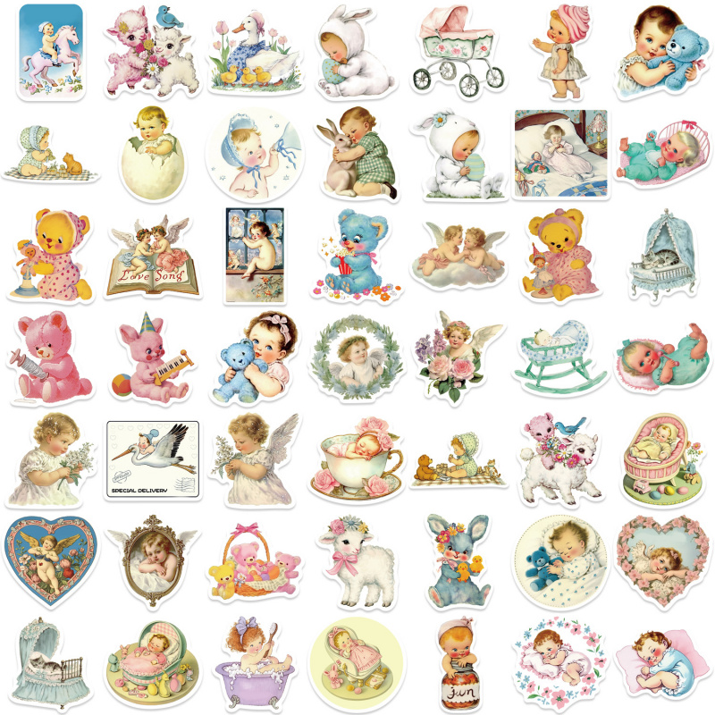 Baby Nursery Vintage Decor - 50 adet Vintage Bebek Çıkartmaları Sevimli