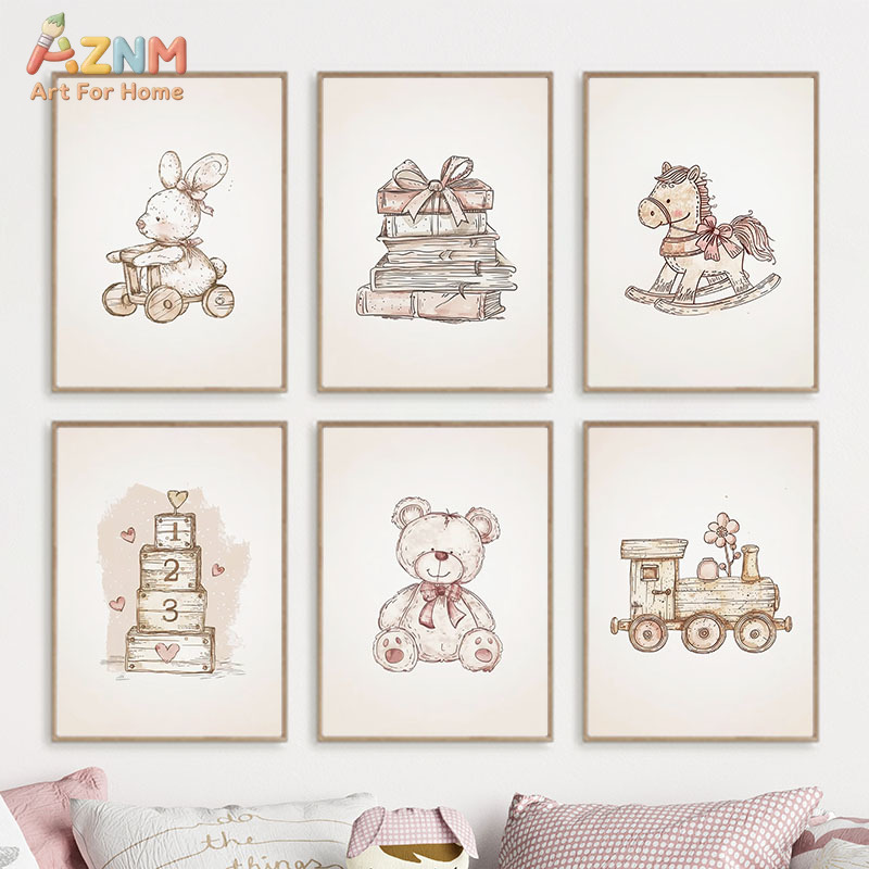 Baby Nursery Vintage Decor - AZNM Vintage Bebek Oyuncak Kanvas Duvar