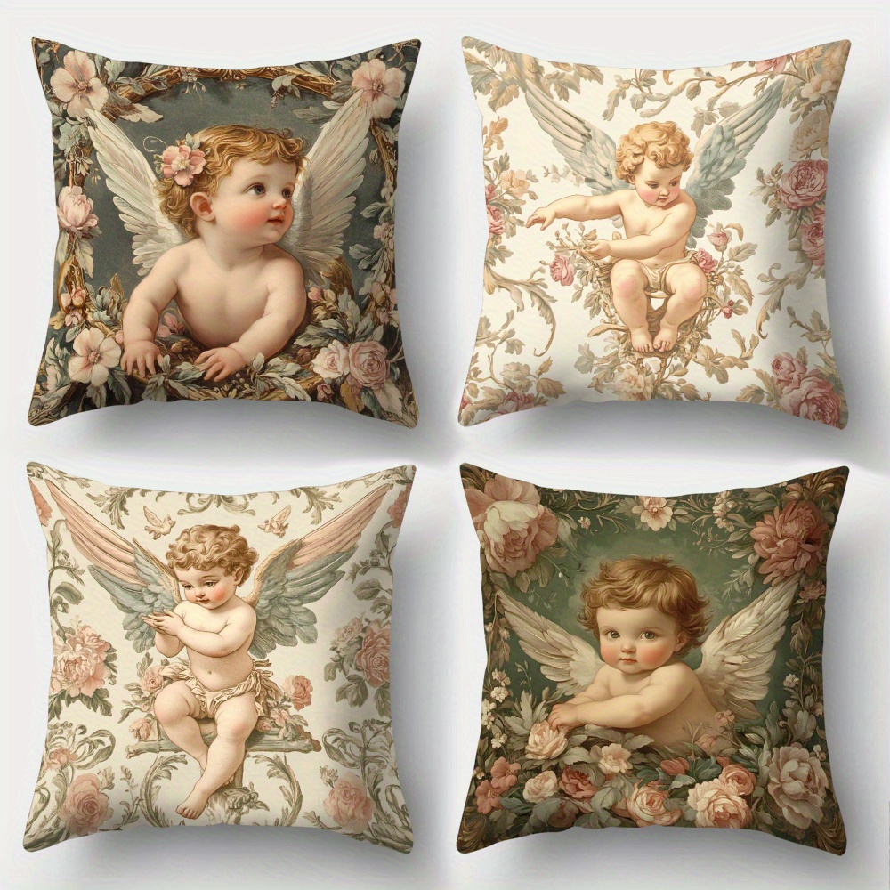 Baby Nursery Vintage Decor - Baskılı Melek Çiçekli Yastık Kılıfları 4'lü